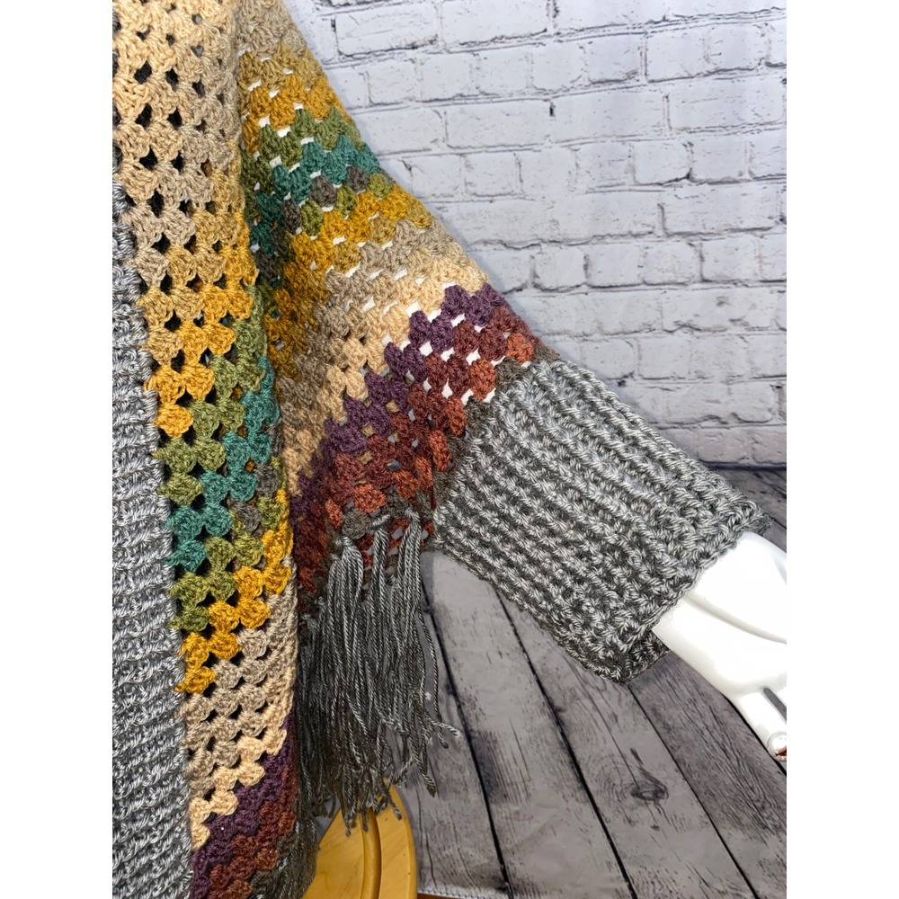 Handmade Crochet Hooded Shawl Wrap Multicolor Striped Fringe Boho Cardigan Gray - Picture 8 of 10
